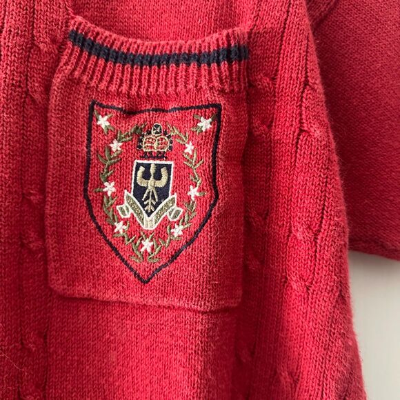 Vintage Michelle Stuart Red Knit Polo Sweater Embroidered Crest Short Sleeve Med - Picture 3 of 7